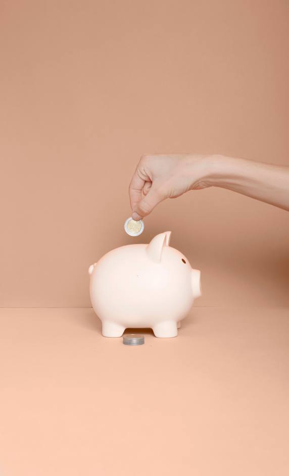 Financial security - a hand inserting a coin into a pink piggy bank, symbolizing investment growth, retirement planning, and income protection.